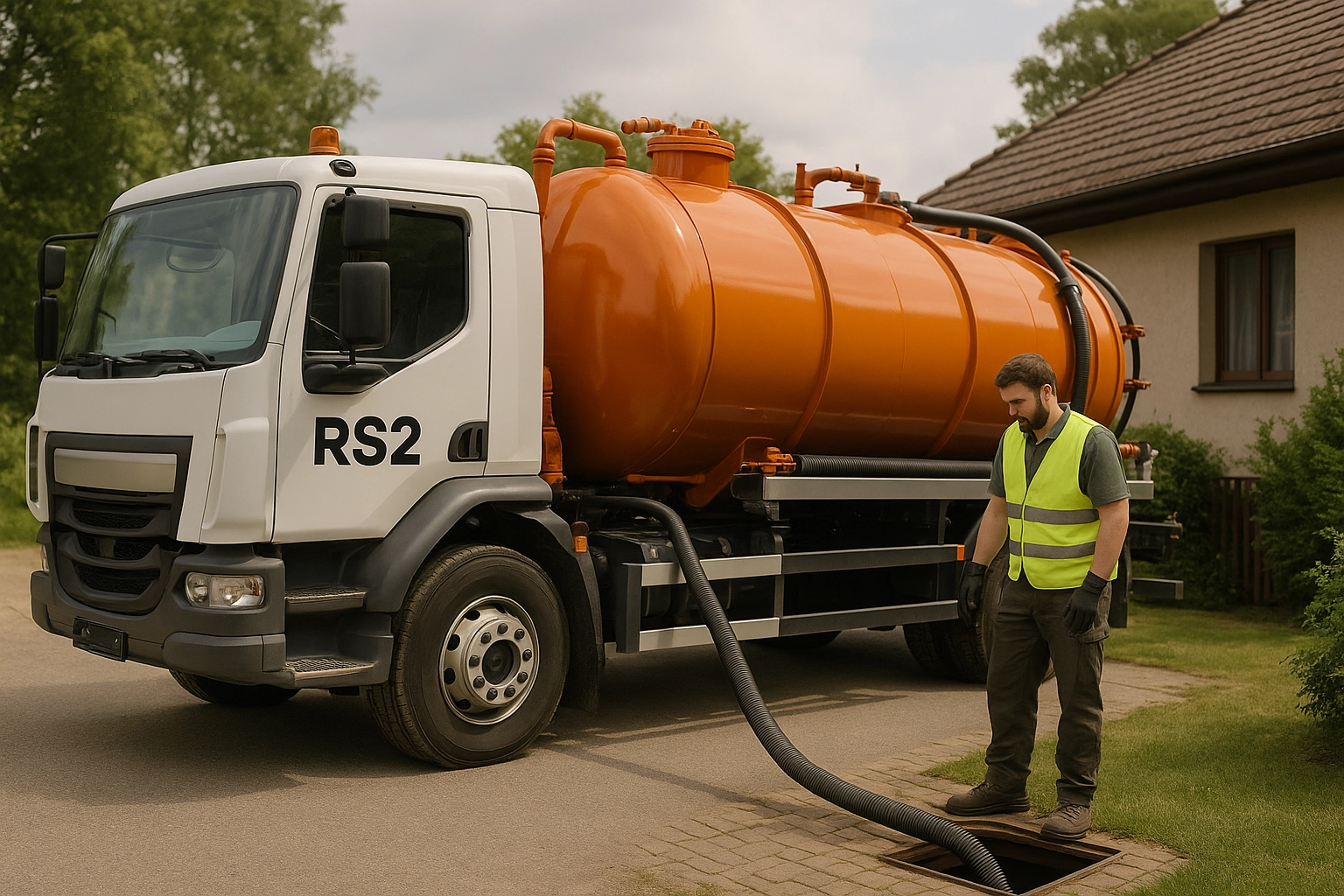 Wywóz nieczystości płynnych Pracownik obsługuje wóz asenizacyjny przy domu