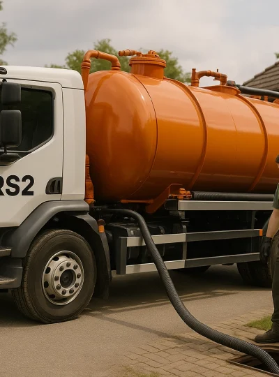 Pracownik obsługuje wóz asenizacyjny przy domu